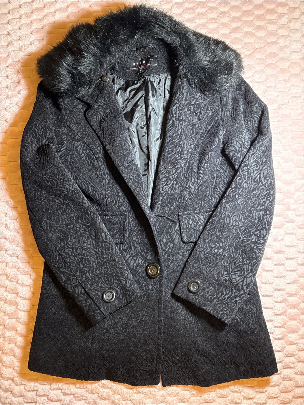 Y2K Gothic Black Jacquard Fur Collar Overcoat